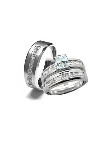 His Hers 3 Piece  Sterling Silver and Stainless Steel Cz Wedding Ring Set