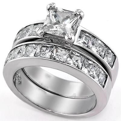 Ct Princess Cut AAA CZ Stainless Steel Wedding Ring Set Women's Size 5-11