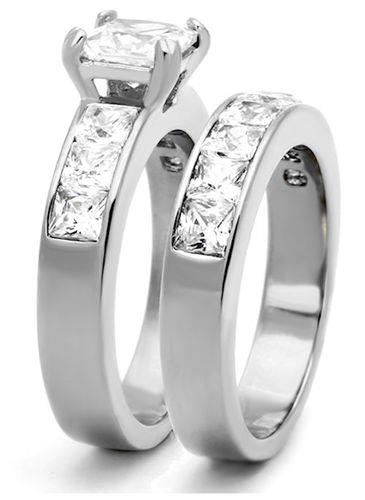 3.75 Ct Princess Cut AAA CZ Stainless Steel Wedding Ring Set Women s Size 5 11