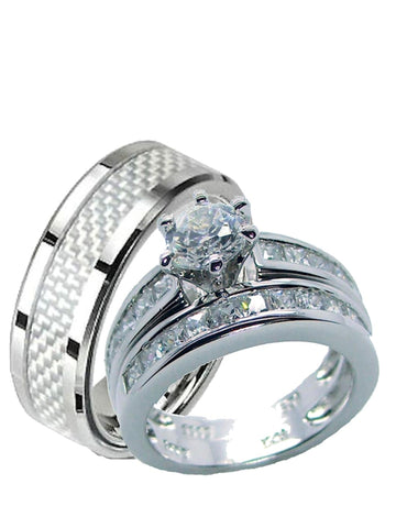 His Hers Sterling Silver and Stainless Steel Wedding Set