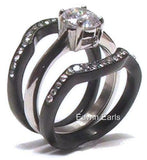 His Hers 4 Piece CZ Black Plated Stainless Steel Matching Wedding Band Ring Set