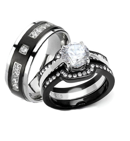His Hers 4 Piece CZ Black Plated Stainless Steel & Titanium Matching Wedding Band Ring Set