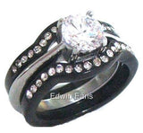 His Hers 4 Piece CZ Black Plated Stainless Steel Matching Wedding Band Ring Set