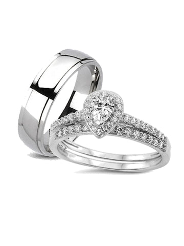 His and Hers Halo Style Wedding Ring Set Matching Wedding Bands for Him ( Titanium) and Her (Sterling Silver)