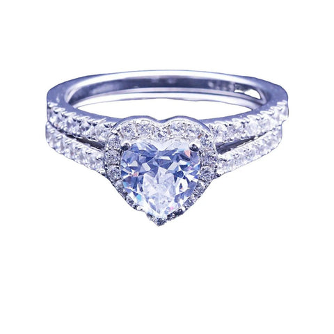 Women's Halo Heart Shaped CZ Wedding Engagement Ring Set Sterling Silver