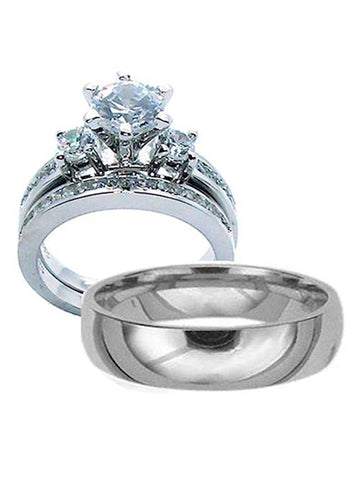 His Her Cz Sterling Silver Round Cut Three Stone Wedding Bridal Set Men's Titanium Wedding Band - Edwin Earls Jewelry
