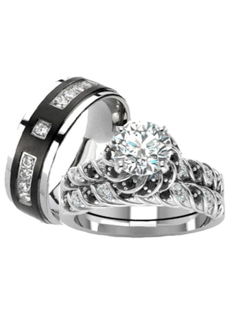 His Hers Cz Wedding Ring Set Sterling Silver & Titanium Wedding Rings - Edwin Earls Jewelry