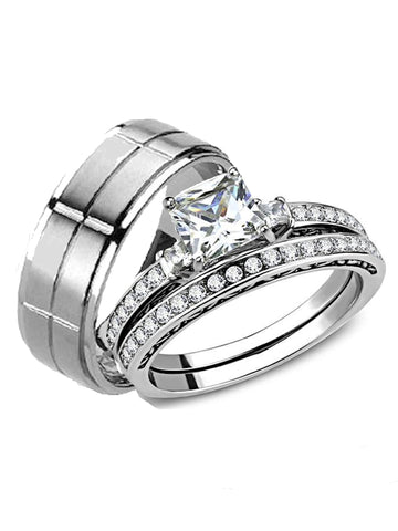 His Hers 3 Piece Stainless Steel & Titanium Matching Wedding Band Ring Set - Edwin Earls Jewelry