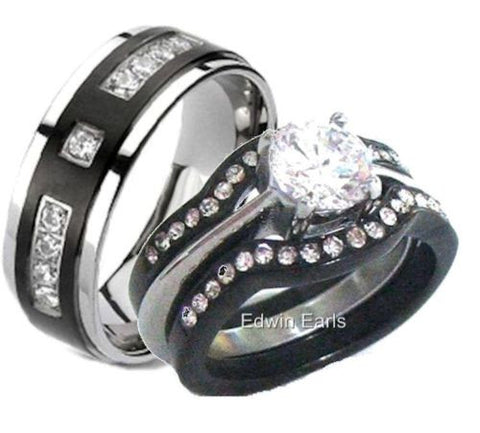 His Hers 4 Piece Black Stainless Steel & Titanium Matching Wedding Band Ring Set - Edwin Earls Jewelry