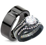 His Hers 4 Piece Black Stainless Steel & Titanium Matching Wedding Band Ring Set - Edwin Earls Jewelry