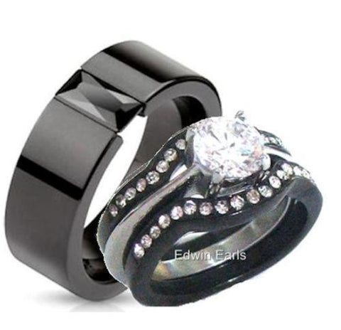 His Hers 4 Piece Black Stainless Steel & Titanium Matching Wedding Band Ring Set - Edwin Earls Jewelry