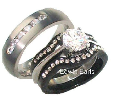 His Hers 4 Piece Black Stainless Steel & Titanium Matching Wedding Band Ring Set - Edwin Earls Jewelry