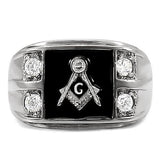 Mens Masonic Lodge Freemason Ring Black Agate Stone and Stainless Steel