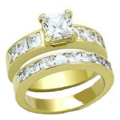 2 Piece Cz Wedding Engagement Ring Set Yellow Gold Plated Stainless Steel - Edwin Earls Jewelry