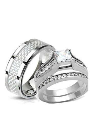 His and Hers Wedding Rings Stainless Steel Princess Cut CZ Wedding Ring Set - Edwin Earls Jewelry