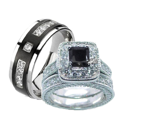 His Hers Wedding Ring Set Black Cz Sterling Silver and Titanium - Edwin Earls Jewelry