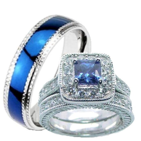 His Hers Blue & Clear Cz Wedding Ring Set Sterling Silver and Stainless Steel - Edwin Earls Jewelry