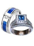 His & Hers Halo Sapphire Blue & Clear Cz Wedding Ring Set Stainless Steel - Edwin Earls Jewelry