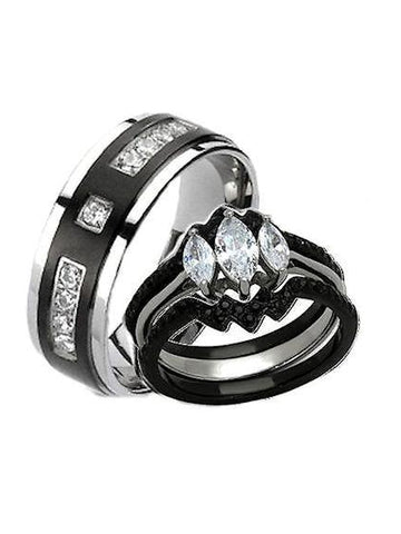 His Hers 4 Piece Black Stainless Steel & Titanium Matching Wedding Band Ring Set - Edwin Earls Jewelry