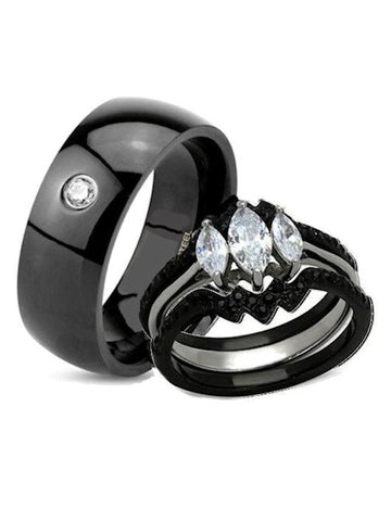 His Hers 4 Piece Black Stainless Steel & Titanium Matching Wedding Band Ring Set - Edwin Earls Jewelry