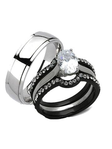 His Hers 4 Piece Black Stainless Steel & Titanium Matching Wedding Band Ring Set - Edwin Earls Jewelry