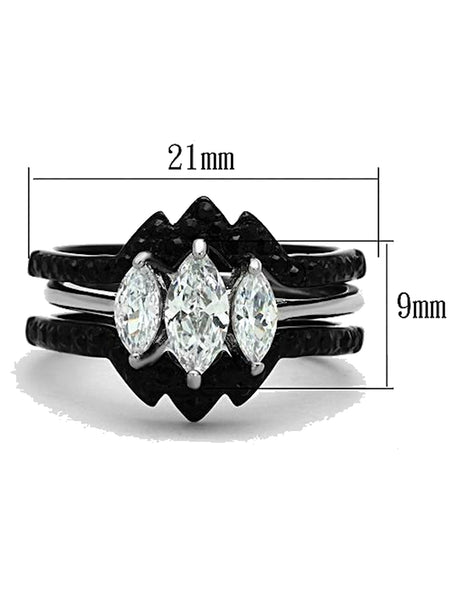 Women's Black Gold Plated Band Ring Set With Cubic Zirconia - Two-Piece Stackable Wedding Bands, Gift Ready
