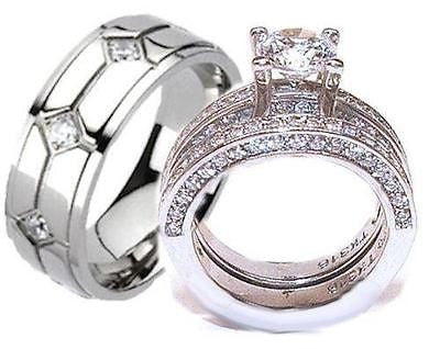 His Hers Cz Wedding Ring Set Stainless Steel Mens Titanium Wedding Ring Set