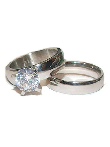 Women's 2 Piece Traditional Style Solitaire Wedding Ring Set Stainless Steel - Edwin Earls Jewelry