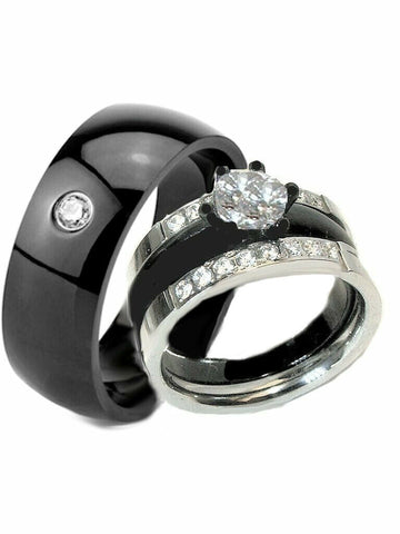 His Her Wedding Ring Set Black Stainless Stainless Steel Rings - Edwin Earls Jewelry