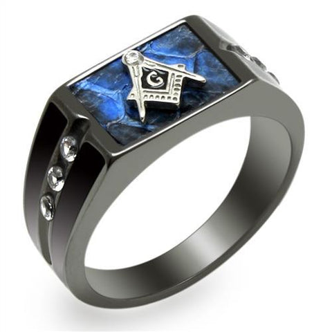 Men's Blue Agate Masonic Lodge FreeMason Ring in Black Stainless Steel