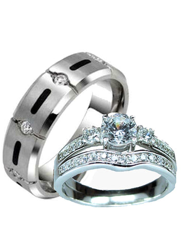 His Her Wedding Ring Set Women's sterling silver Men's Titanium