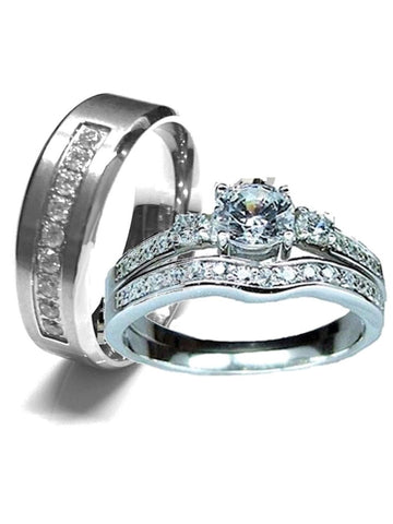 Edwin Earls His Her Wedding Ring Set Sterling Silver Diamond Cut Cz Stainless Steel Men's  Ring