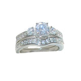 Women's 1.50 Ct Two Piece Three Stone Cz Wedding Ring Set Sterling Silver Rhodium Plated