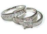 Edwin Earls His & Hers 4 Piece Princess Cz Wedding Band Ring Set Sterling Silver & Titanium