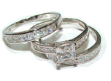 His & Hers 4 Piece Princess Cz Wedding Band Ring Set Sterling Silver & Titanium