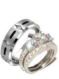 His Hers 3 Stone Cz Wedding Engagement Ring Set Sterling Silver Titanium