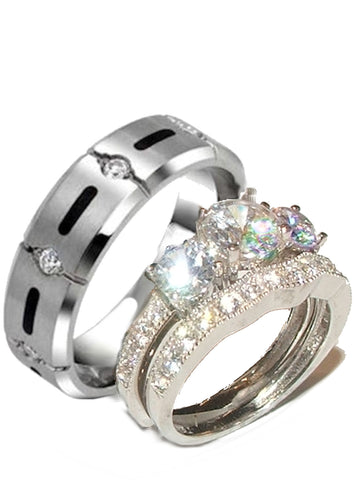 His Hers 3 Stone Cz Wedding Engagement Ring Set Sterling Silver Titanium