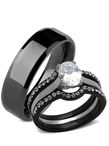 Edwin Earls His Hers Women and Men 4 Piece Cubic Zirconia Wedding Engagement Ring Set Black Stainless Steel Band