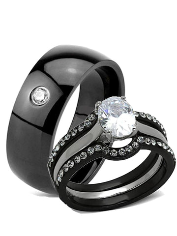 Edwin Earls His Hers Women and Men 4 Piece CZ Wedding Engagement Ring Set Black Stainless Steel Band