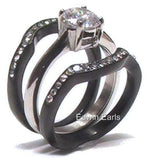 His Hers 4 Piece CZ Black Plated Stainless Steel & Titanium Matching Wedding Band Ring Set