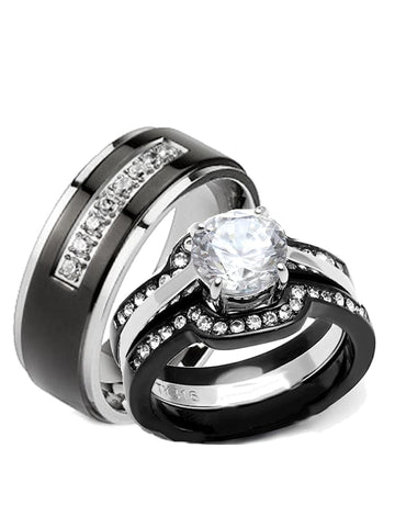 His Hers Women and Men 4 Piece Black Stainless Steel Wedding Ring Set & Men's Black Titanium Band