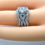 Women's 3 Ring Cubic Zirconia Sterling Silver Halo Style Wedding Ring Set