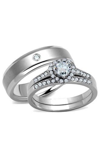 His Hers Halo 3 Piece CZ Wedding Ring Set Stainless Steel