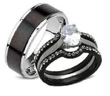 A black and silver wedding ring set featuring a matte black band with a polished silver edge, a matching black and silver band with small clear stones, and a solitaire clear round gemstone.