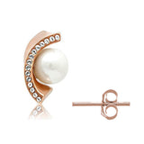 Women's Rose Gold Plated Stainless Steel Post Earrings with Synthetic Pearls in White - Classic and Elegant Accessory