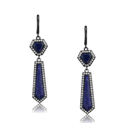 Women's Light Black Plated Stainless Steel Dangle Earrings with Blue Lapis Stones