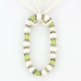 Women's Antique Silver Light Green Bead and White Synthetic Pearl Stretch Bracelet