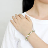 Women's Antique Silver Light Green Bead and White Synthetic Pearl Stretch Bracelet