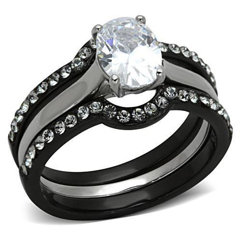 3 Piece Black Plated Stainless Steel Wedding Ring Oval CZ Wedding Ring Set