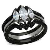 His Hers 4 Piece CZ Black Plated Stainless Steel Matching Wedding Band Ring Set